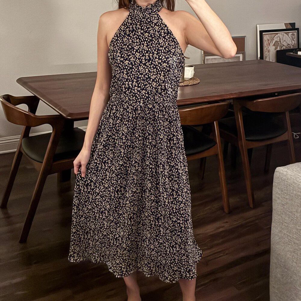 JOA Dark Navy and Cream Printed Pleated Mock Neck Midi Dress